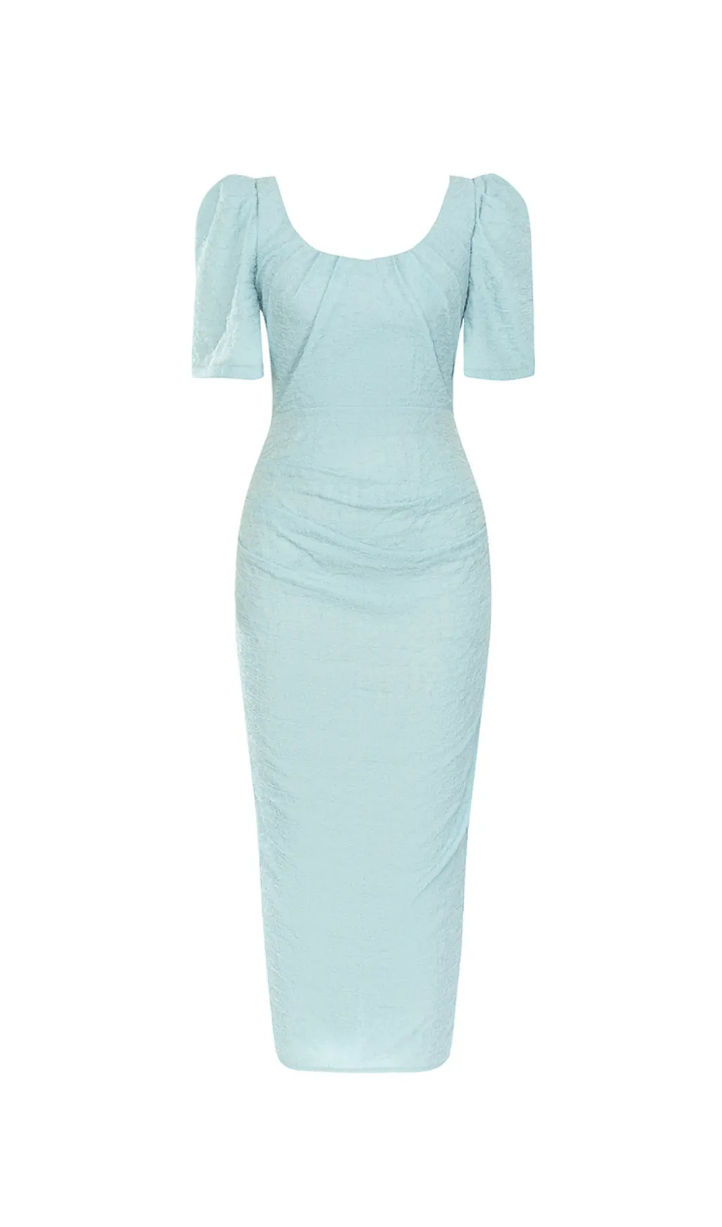 LIGHT GREEN PUFF SLEEVE SPLIT BACK BODYCON MIDI DRESS Gloria Lanvin