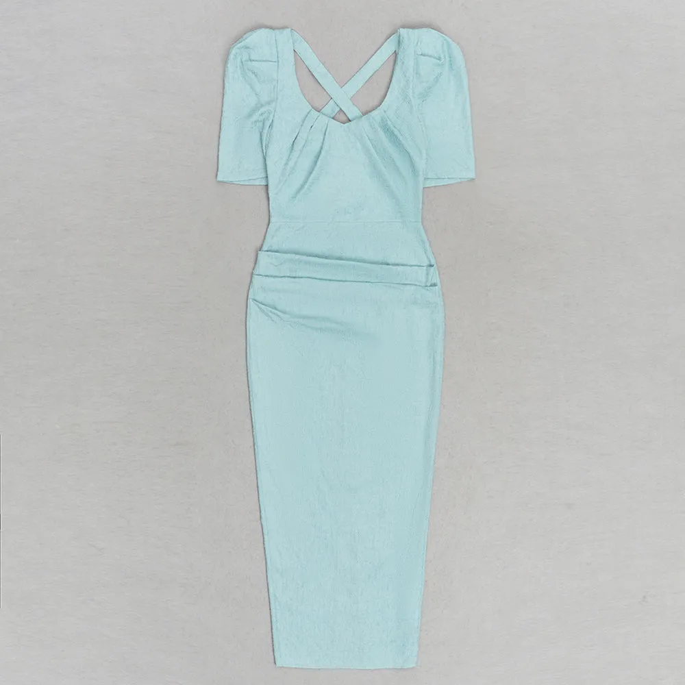LIGHT GREEN PUFF SLEEVE SPLIT BACK BODYCON MIDI DRESS Gloria Lanvin