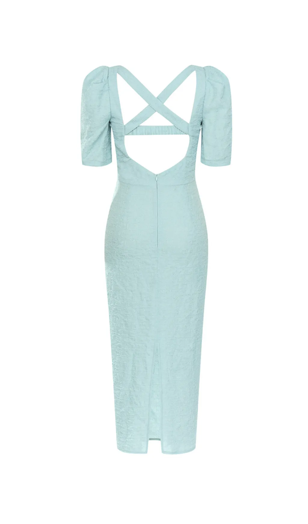 LIGHT GREEN PUFF SLEEVE SPLIT BACK BODYCON MIDI DRESS Gloria Lanvin