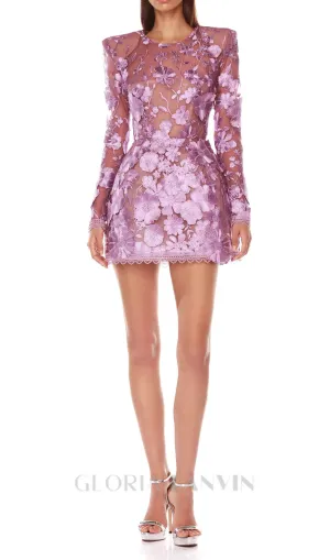 Lilac floral lace Long Sleeve Mini Dress Gloria Lanvin