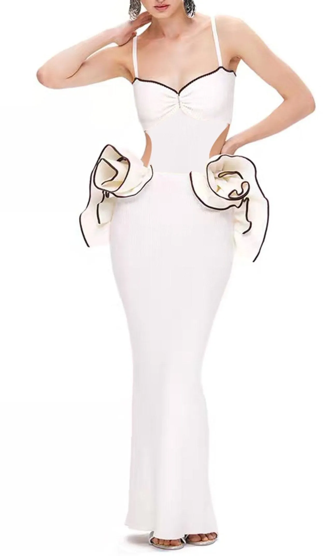 LILLIAN WAIST FLOWER RUFFLE EMBELLISHED CUT OUT MAXI DRESS Gloria Lanvin