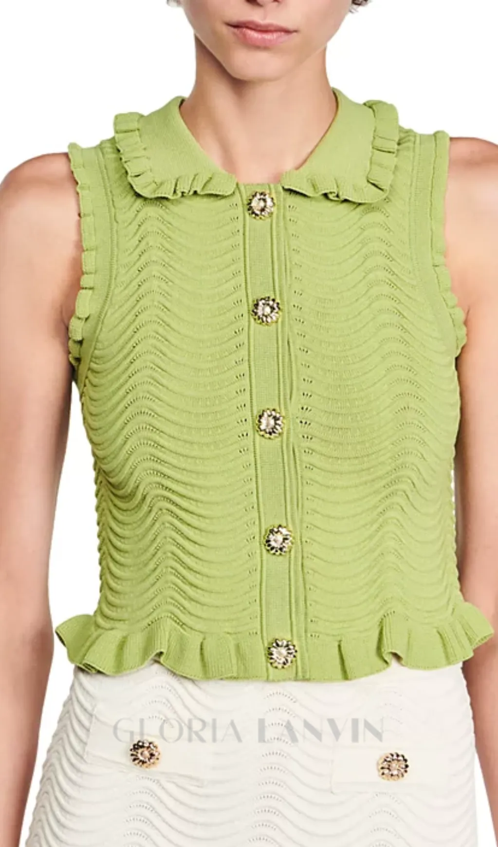 Lina Sleeveless Textured Knit Top in Olive Green Gloria Lanvin