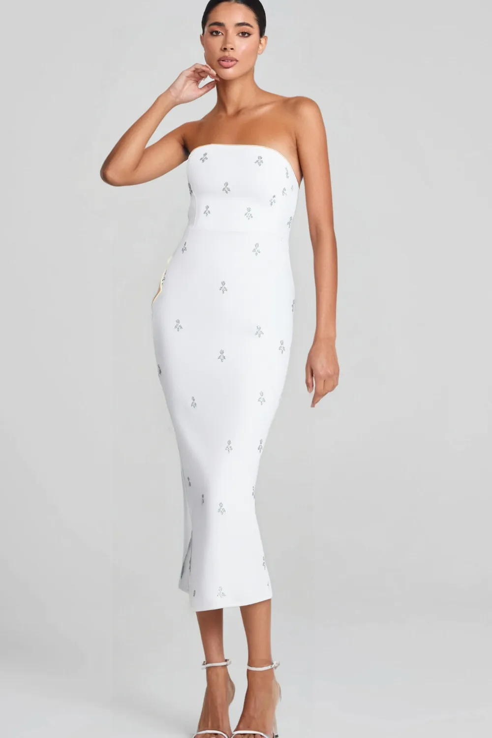 LINDA STRAPLESS CRYSTAL EMBELLISHED WHITE BANDAGE DRESS Gloria Lanvin