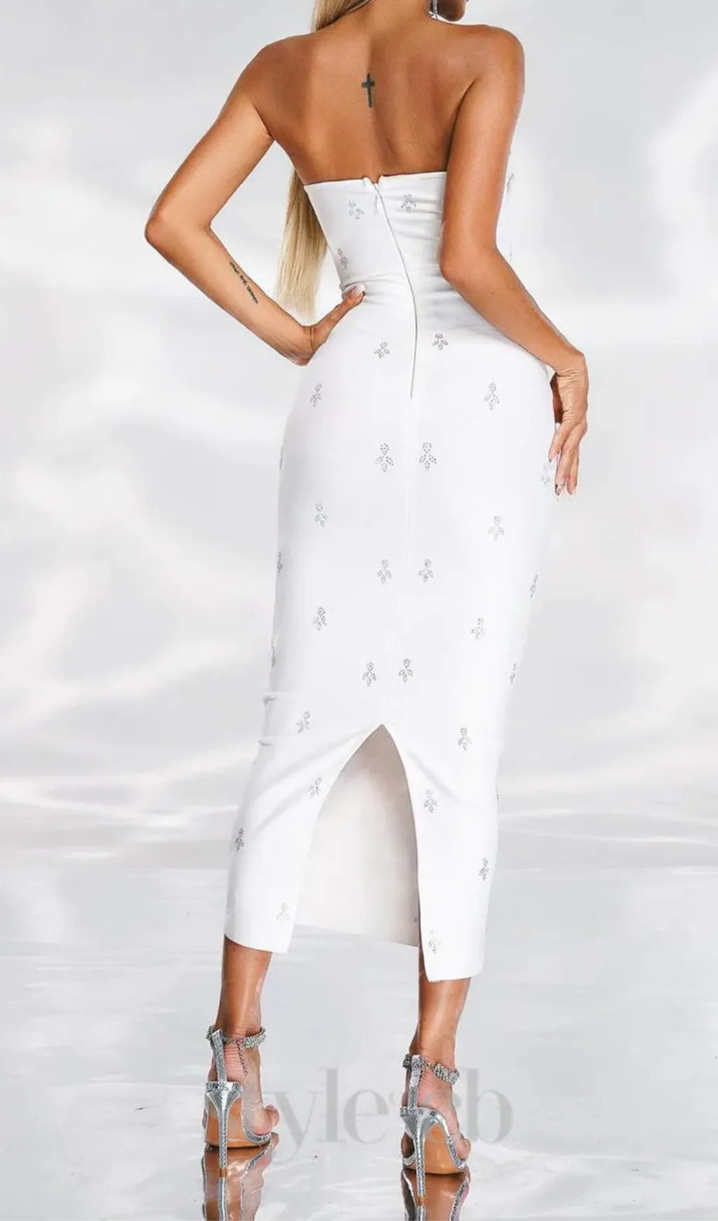 LINDA STRAPLESS CRYSTAL EMBELLISHED WHITE BANDAGE DRESS Gloria Lanvin