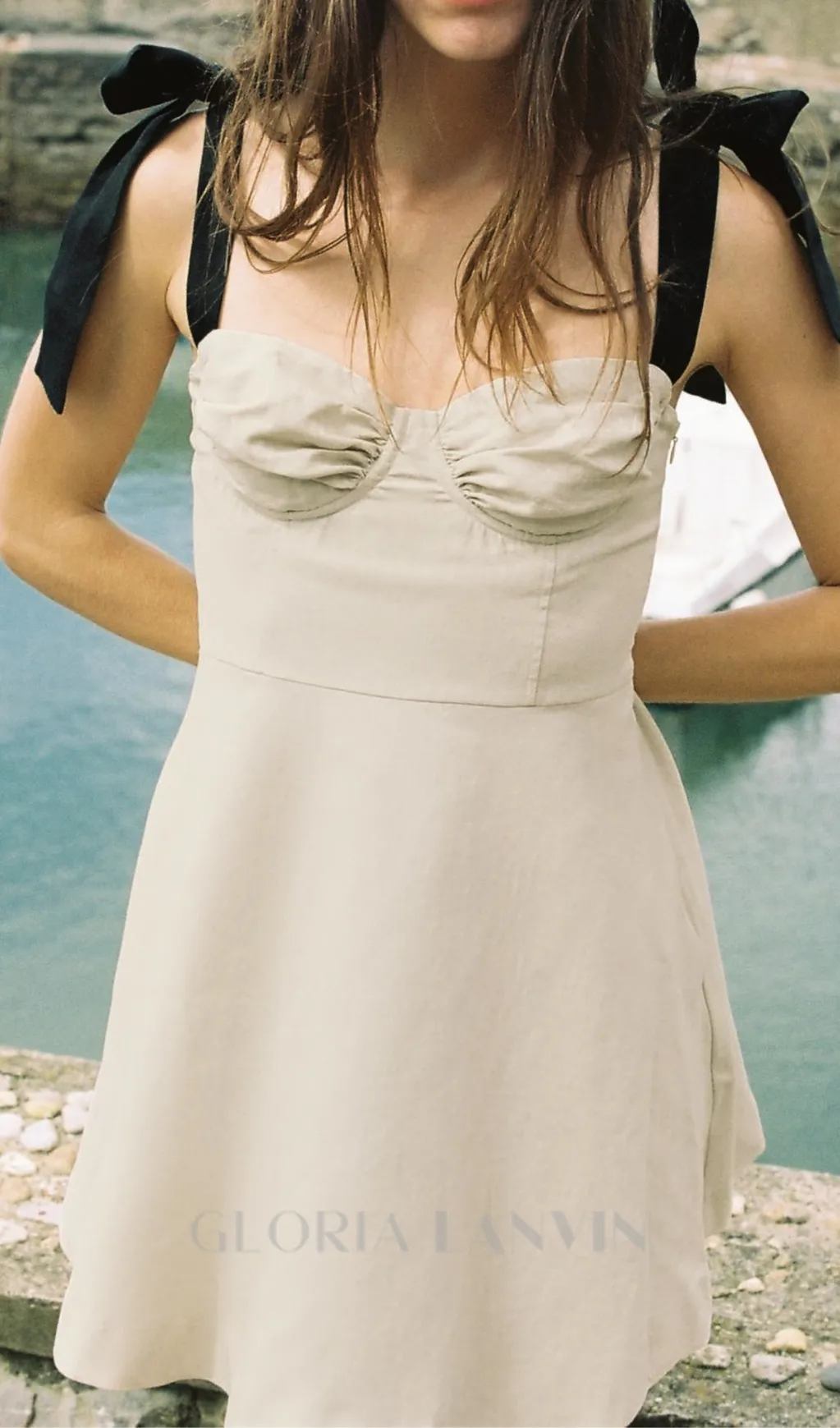 linen blend mini dress with contrast bows Gloria Lanvin