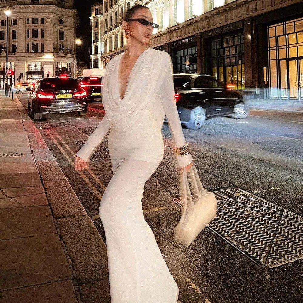 long sleeve draped cowl neck maxi dress in white Gloria Lanvin