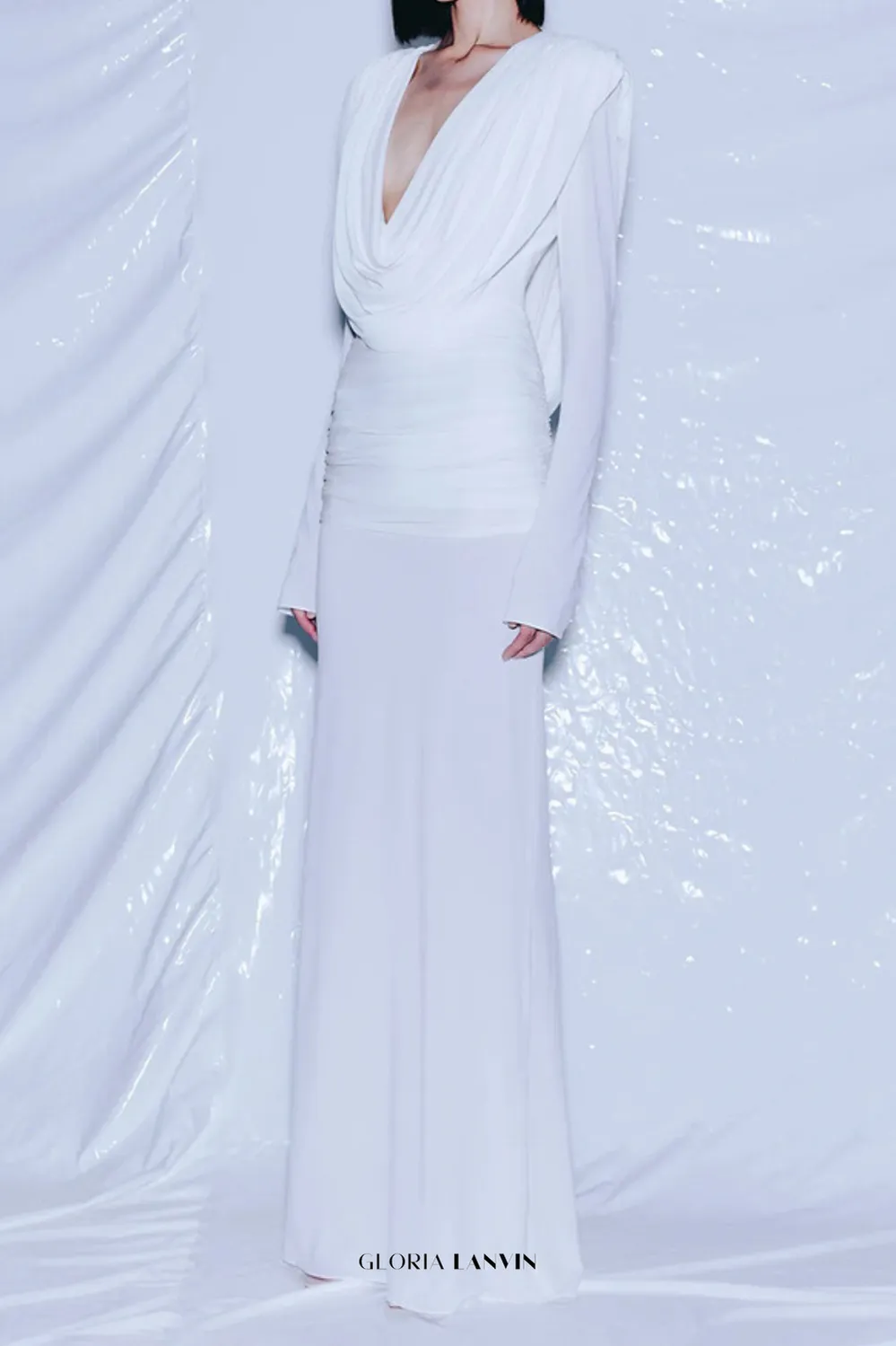 long sleeve draped cowl neck maxi dress in white Gloria Lanvin