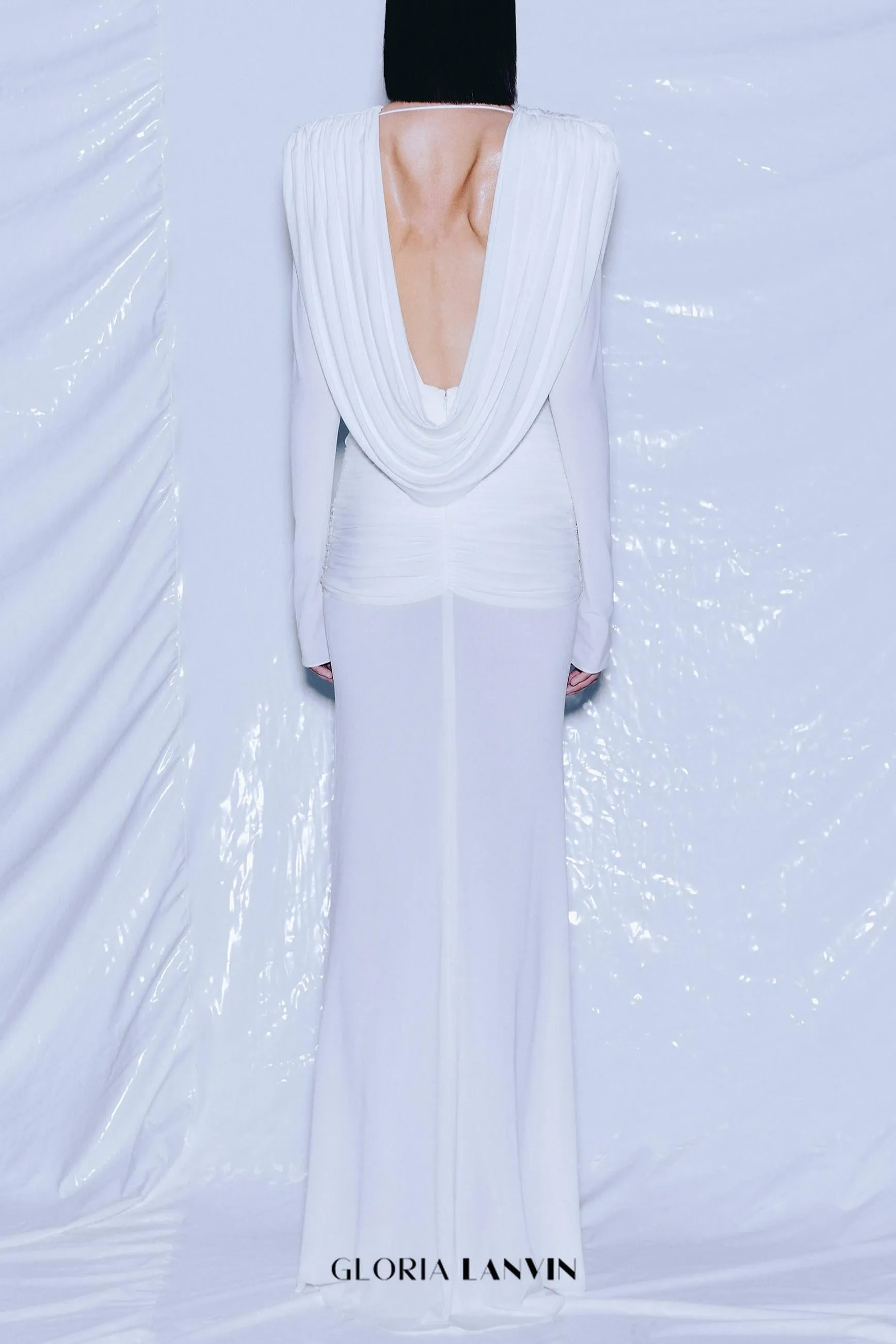long sleeve draped cowl neck maxi dress in white Gloria Lanvin