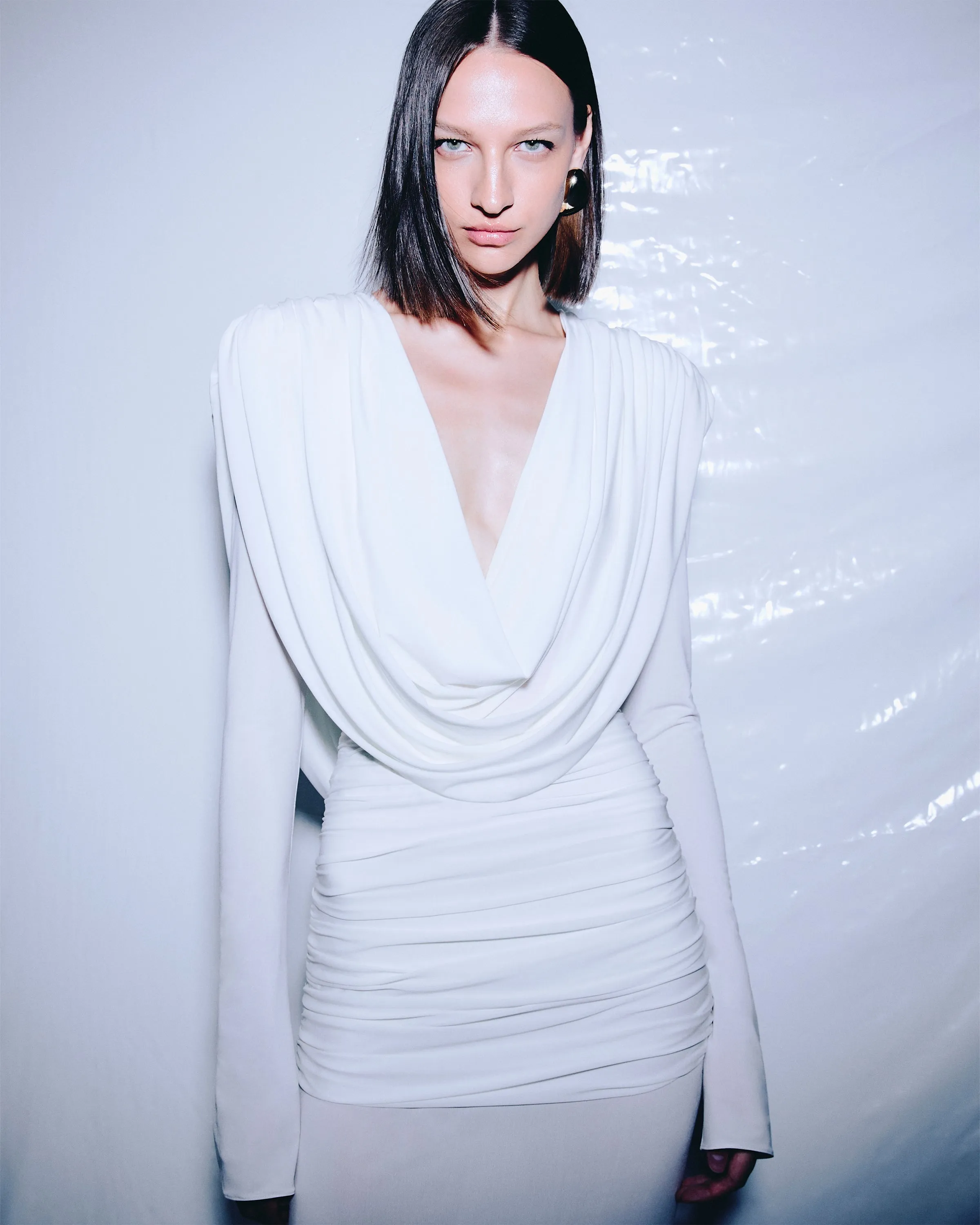 long sleeve draped cowl neck maxi dress in white Gloria Lanvin