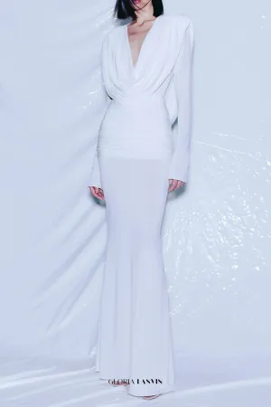long sleeve draped cowl neck maxi dress in white Gloria Lanvin