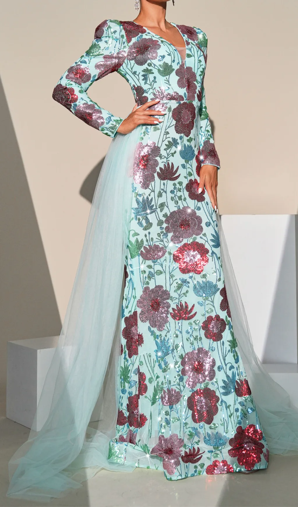 Long Sleeve Floral print Sequin maxi Dress in green Gloria Lanvin