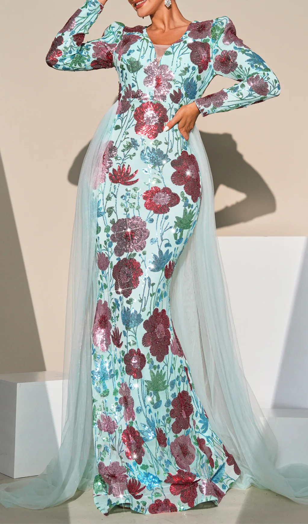 Long Sleeve Floral print Sequin maxi Dress in green Gloria Lanvin