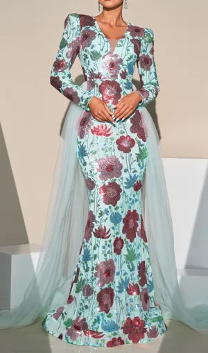 Long Sleeve Floral print Sequin maxi Dress in green Gloria Lanvin