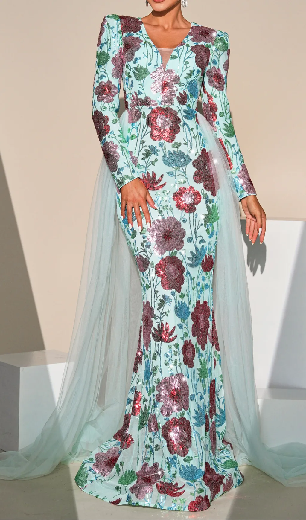 Long Sleeve Floral print Sequin maxi Dress in green Gloria Lanvin