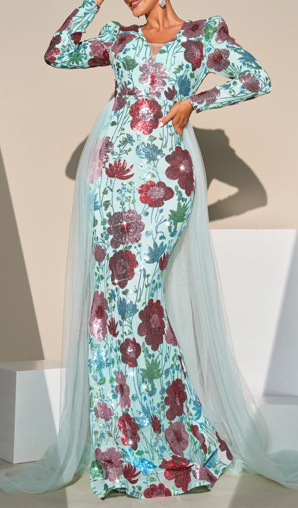 Long Sleeve Floral print Sequin maxi Dress in green Gloria Lanvin