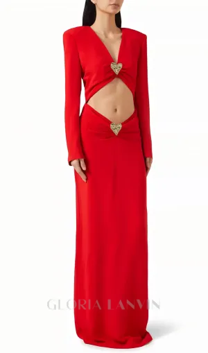 long sleeve heart cutout maxi dress in red Gloria Lanvin