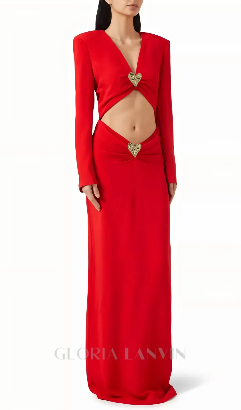 long sleeve heart cutout maxi dress in red Gloria Lanvin