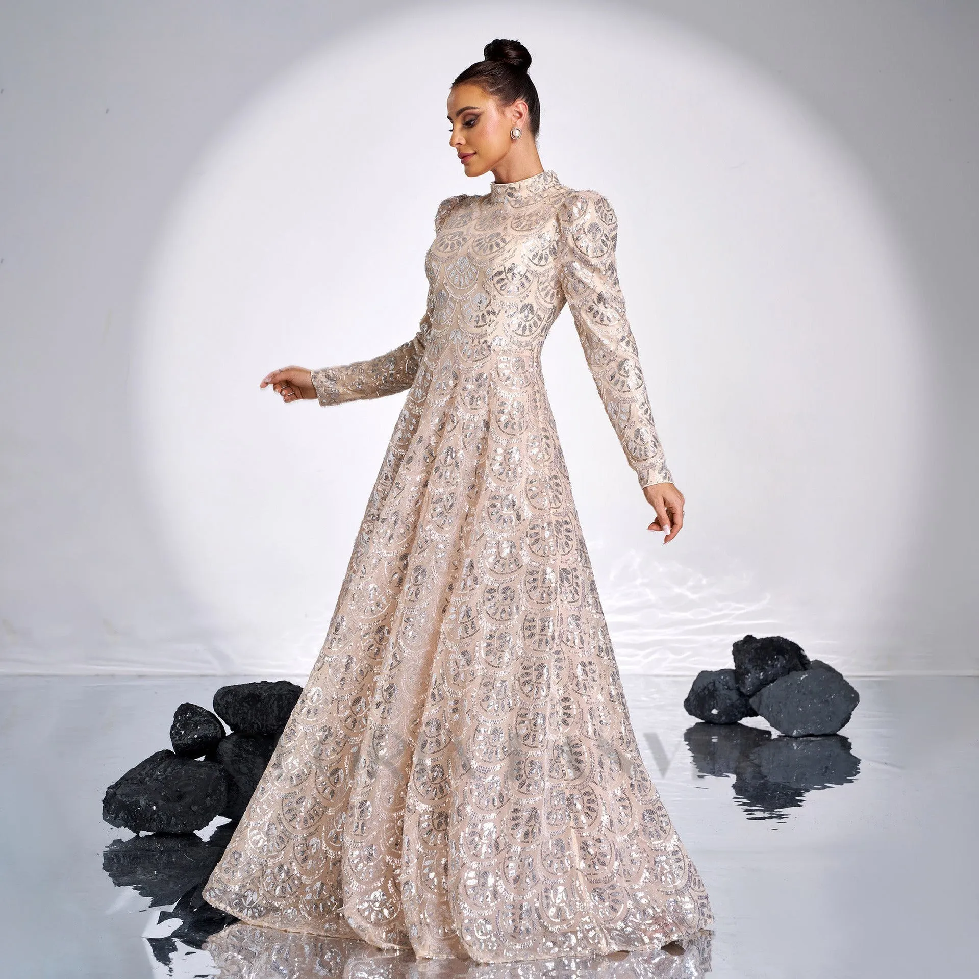 Long Sleeve Lace Back Sequin maxi Dress in gold Gloria Lanvin