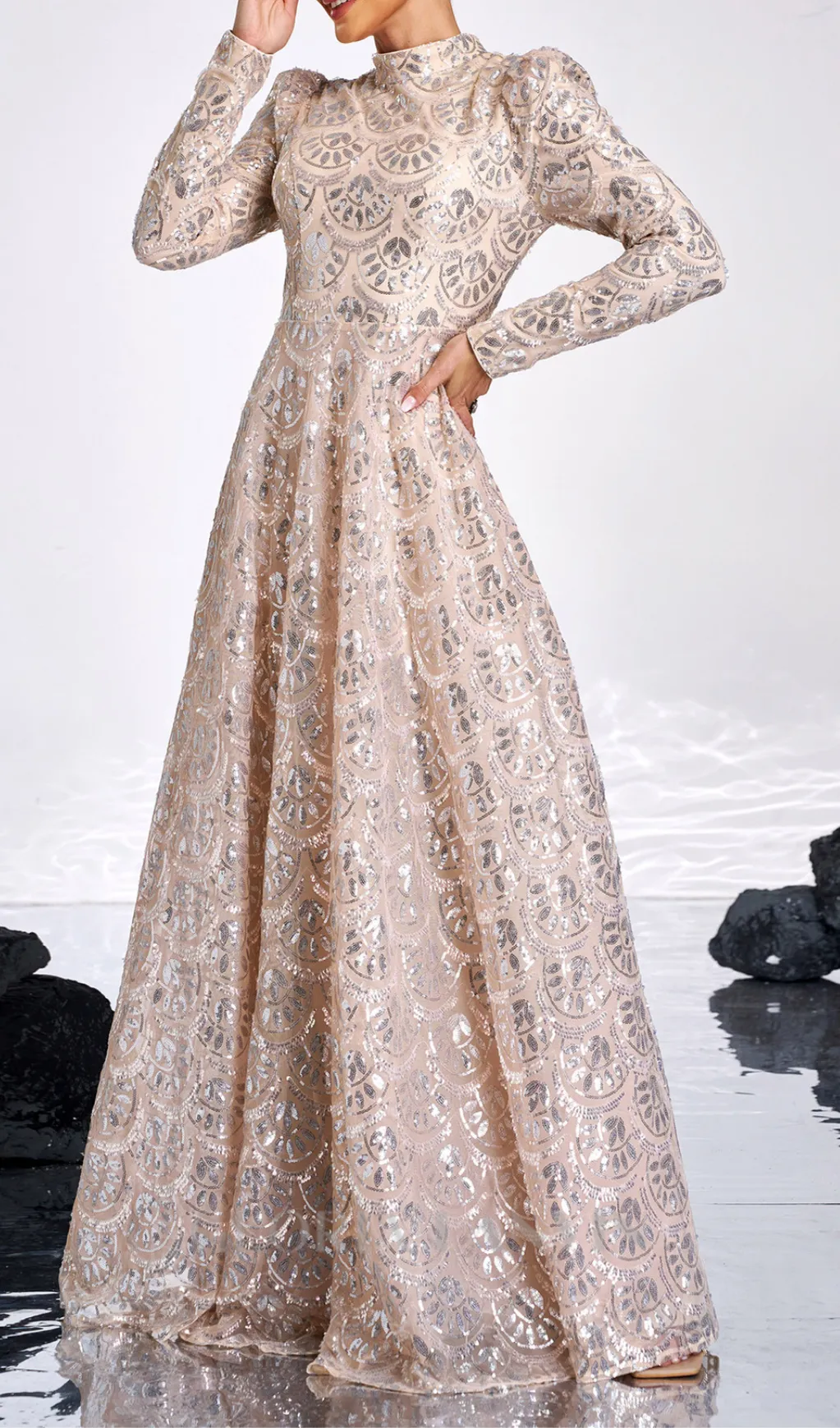 Long Sleeve Lace Back Sequin maxi Dress in gold Gloria Lanvin
