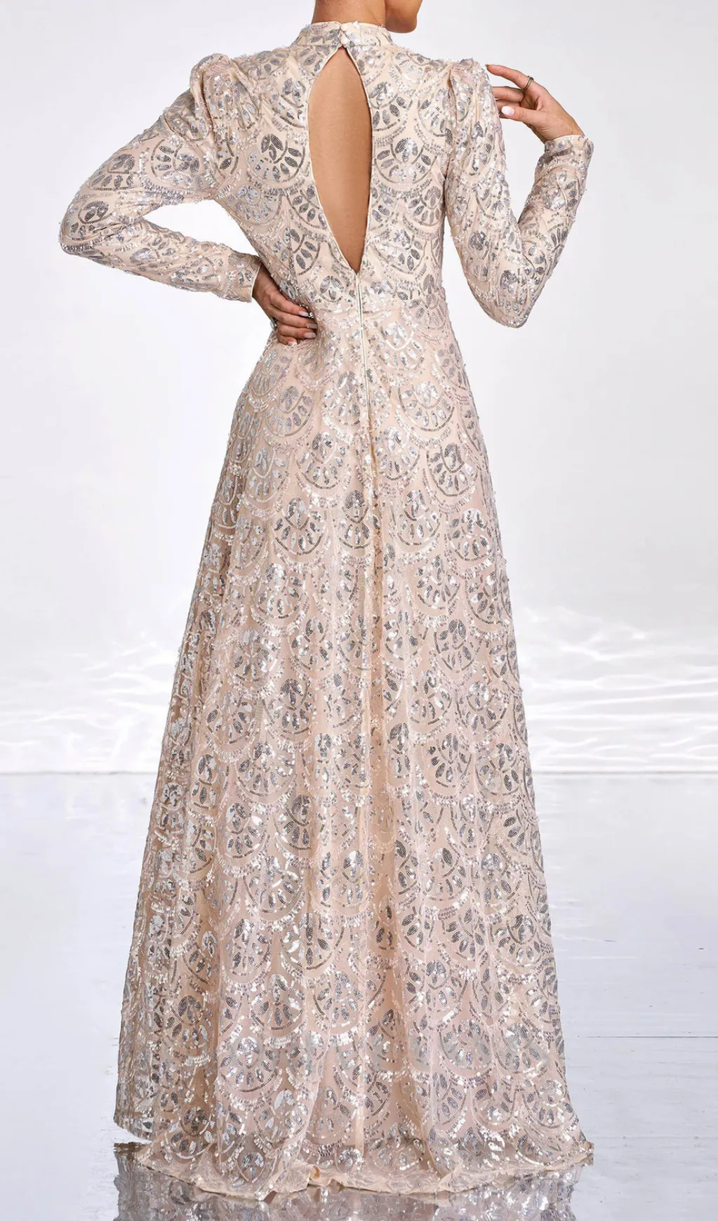 Long Sleeve Lace Back Sequin maxi Dress in gold Gloria Lanvin