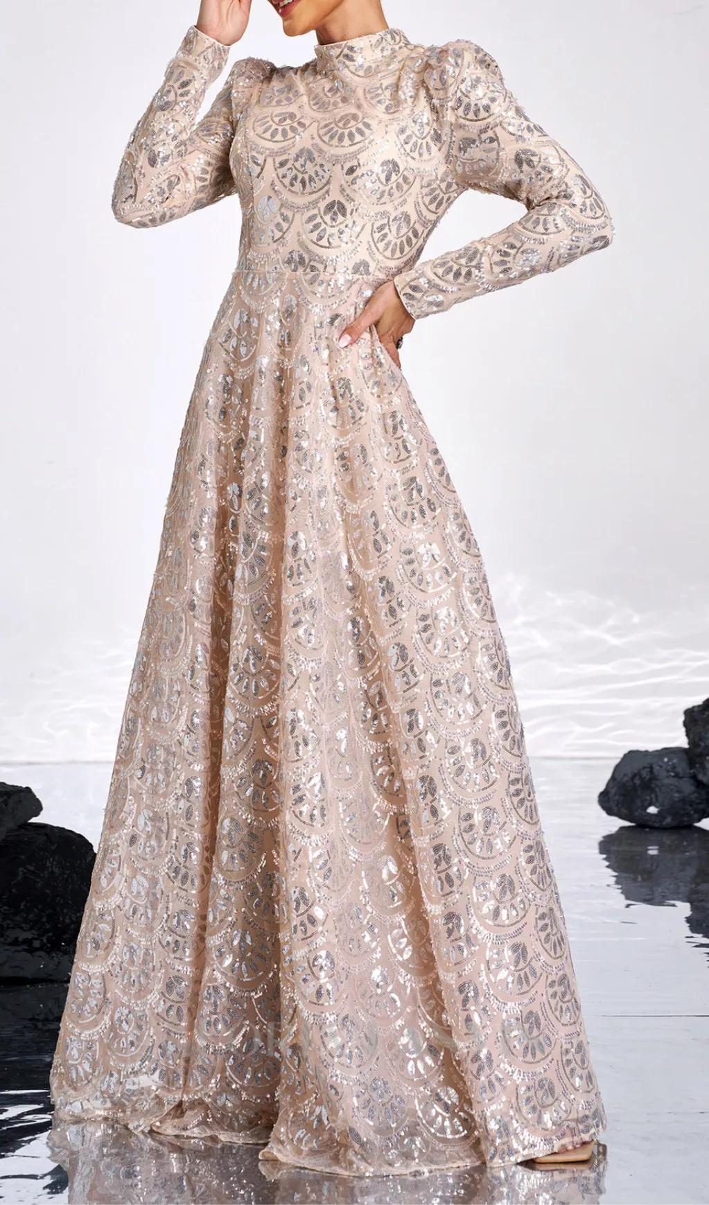 Long Sleeve Lace Back Sequin maxi Dress in gold Gloria Lanvin