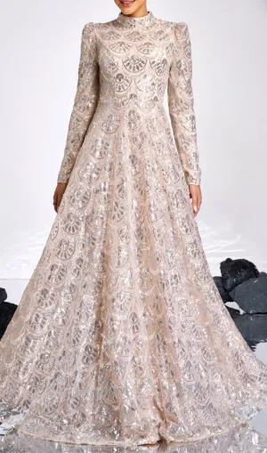 Long Sleeve Lace Back Sequin maxi Dress in gold Gloria Lanvin