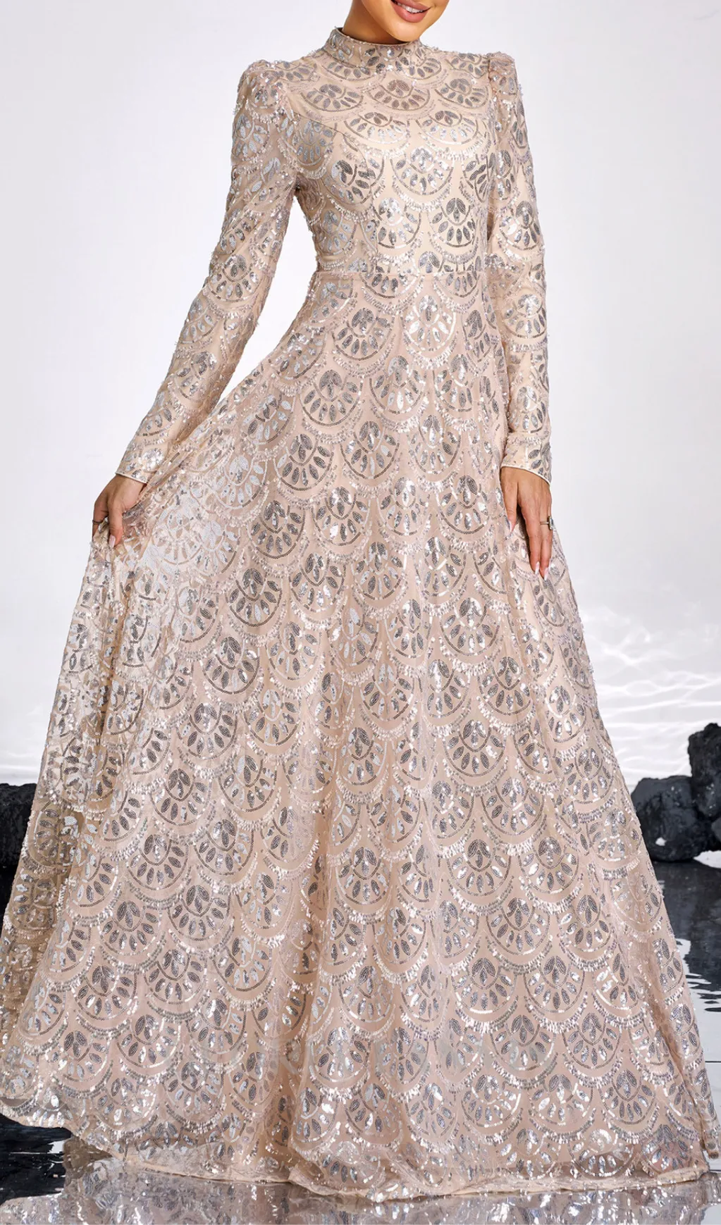 Long Sleeve Lace Back Sequin maxi Dress in gold Gloria Lanvin