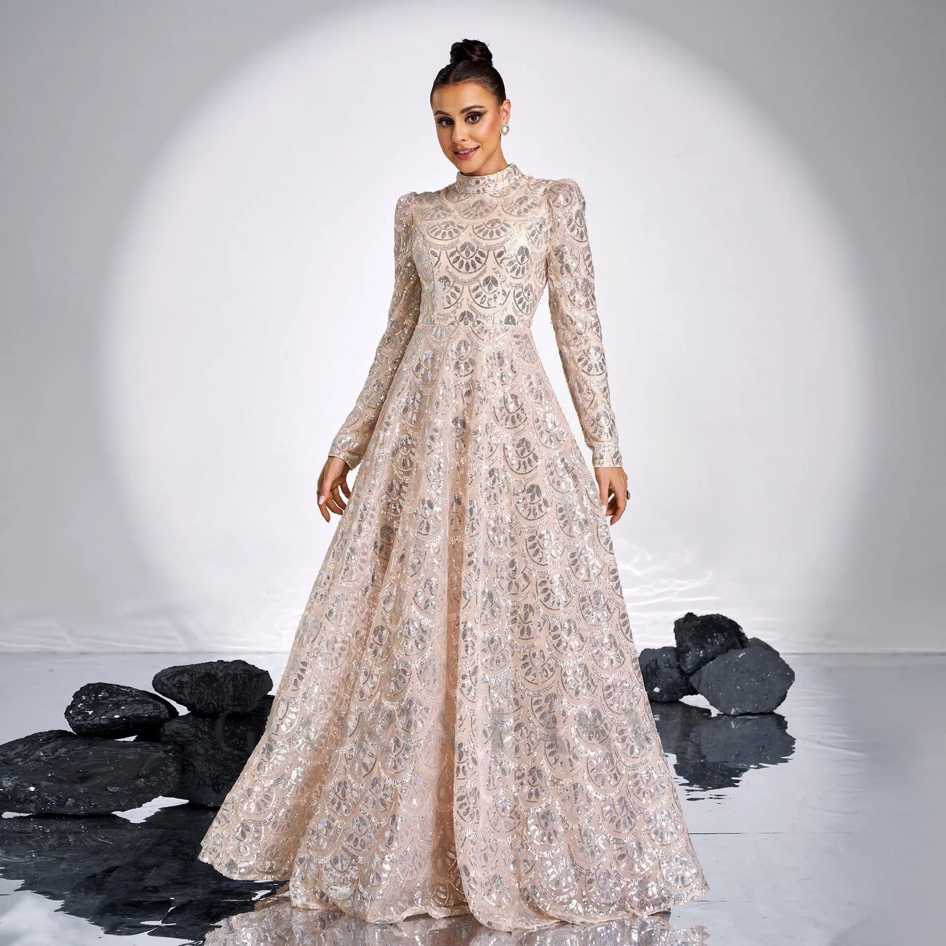Long Sleeve Lace Back Sequin maxi Dress in gold Gloria Lanvin