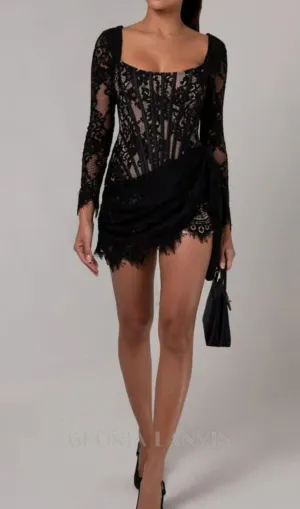 long sleeve lace corset draped mini dress in black Gloria Lanvin