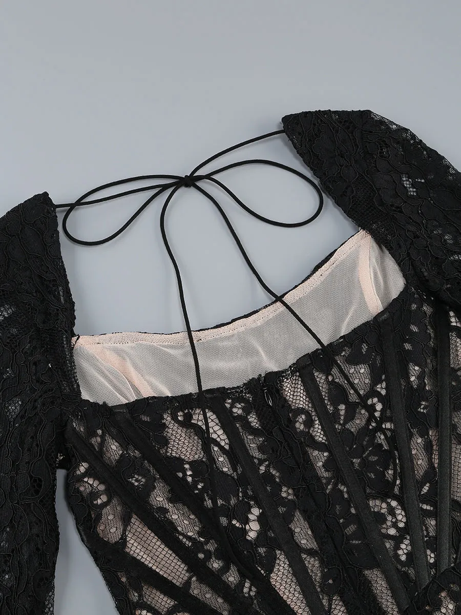 long sleeve lace corset draped mini dress in black Gloria Lanvin