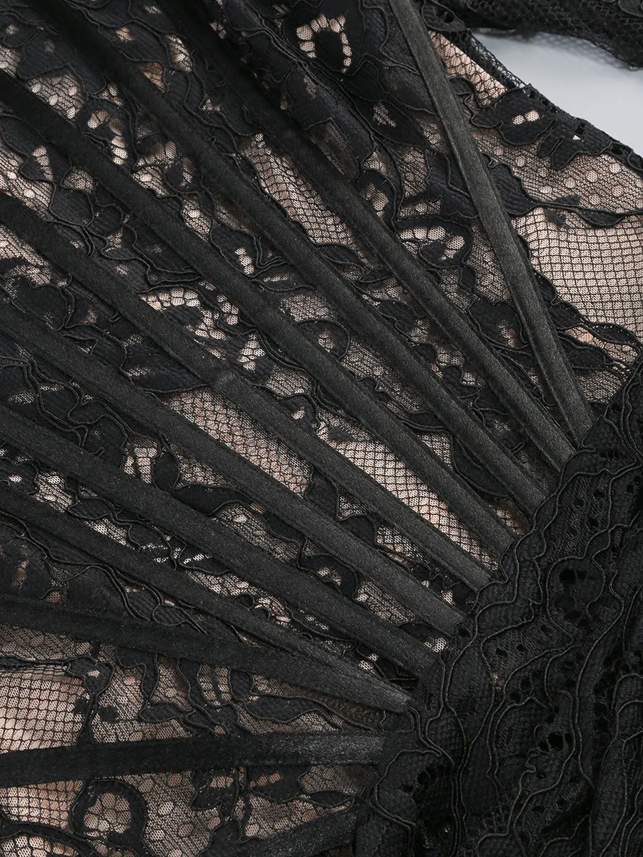 long sleeve lace corset draped mini dress in black Gloria Lanvin