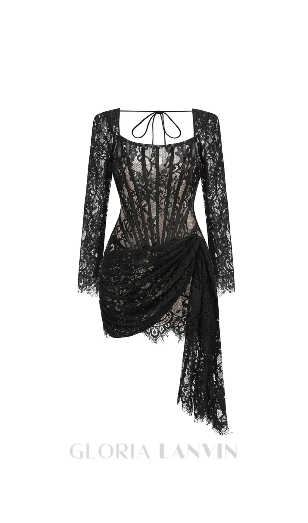 long sleeve lace corset draped mini dress in black Gloria Lanvin