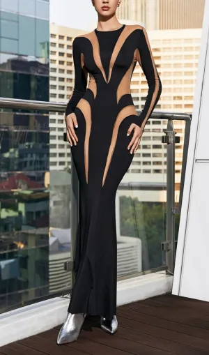 LONG SLEEVE MESH BODYCON MAXI DRESS IN BLACK Gloria Lanvin