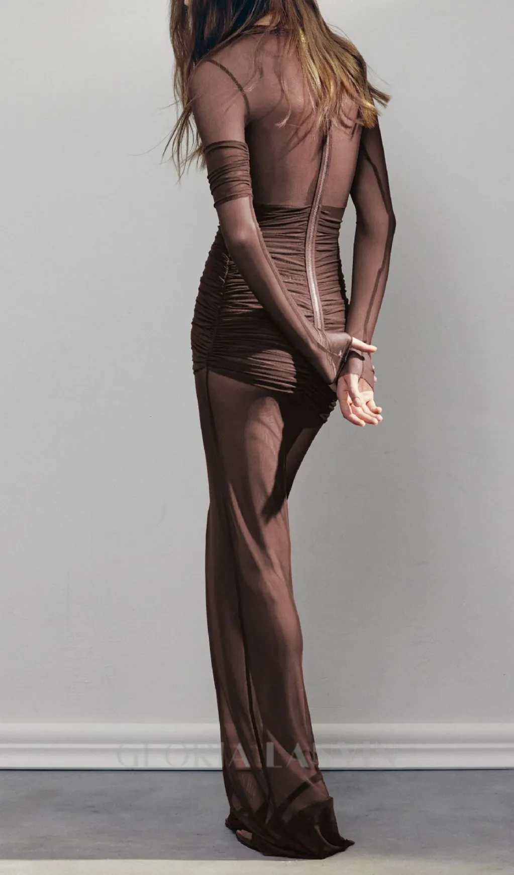 long sleeve mesh insert draped maxi dress Gloria Lanvin