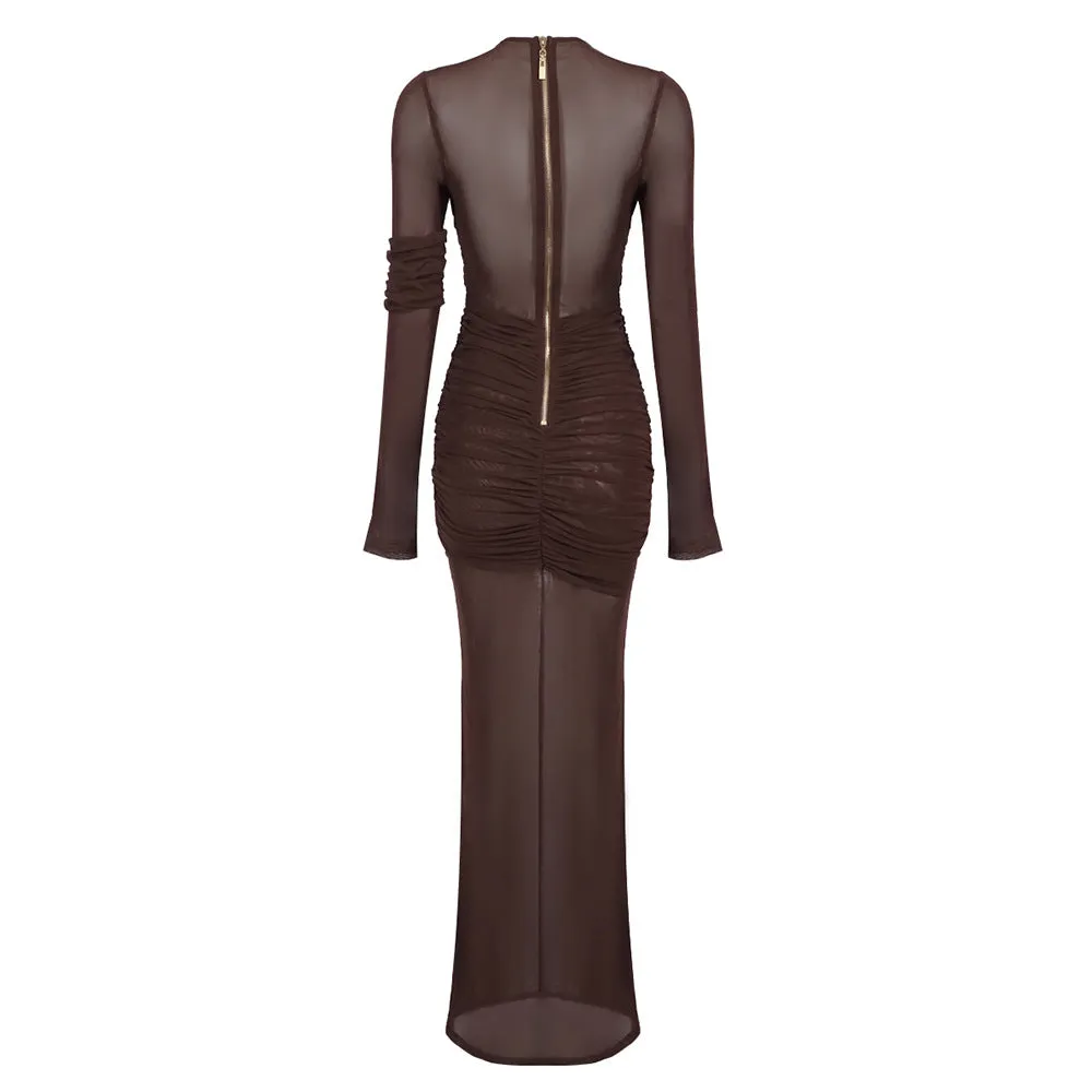 long sleeve mesh insert draped maxi dress Gloria Lanvin