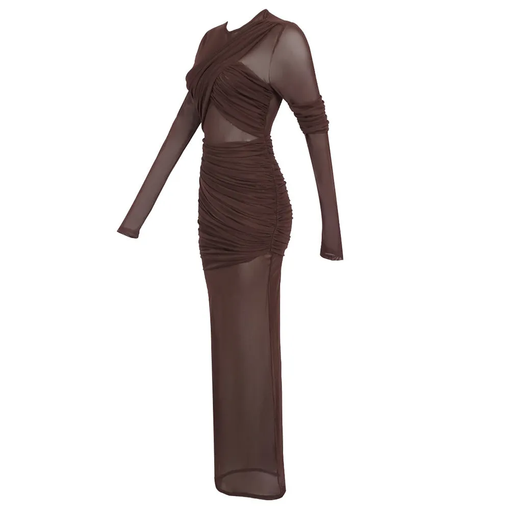 long sleeve mesh insert draped maxi dress Gloria Lanvin