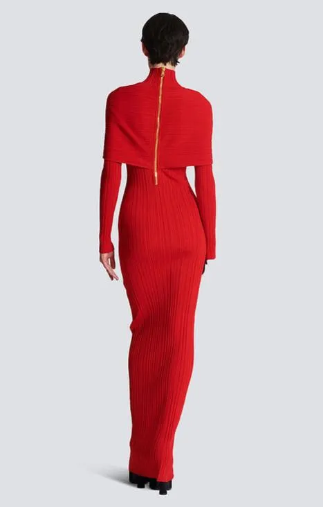 long sleeve pleated knit maxi dress in red Gloria Lanvin
