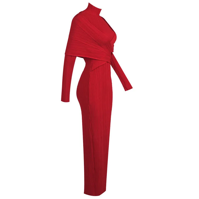 long sleeve pleated knit maxi dress in red Gloria Lanvin