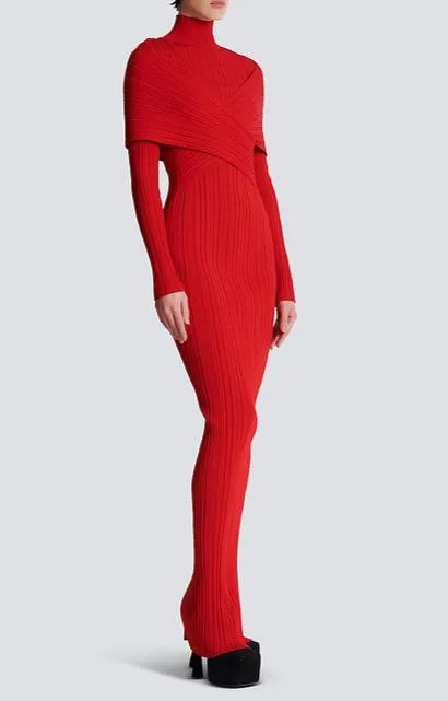 long sleeve pleated knit maxi dress in red Gloria Lanvin