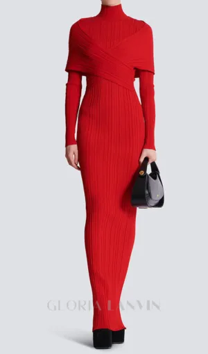long sleeve pleated knit maxi dress in red Gloria Lanvin