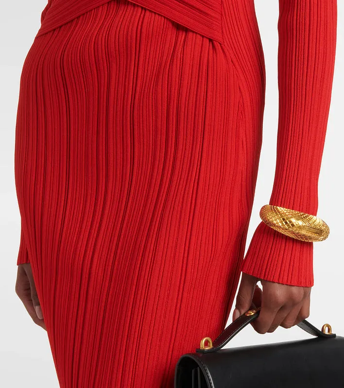 long sleeve pleated knit maxi dress in red Gloria Lanvin