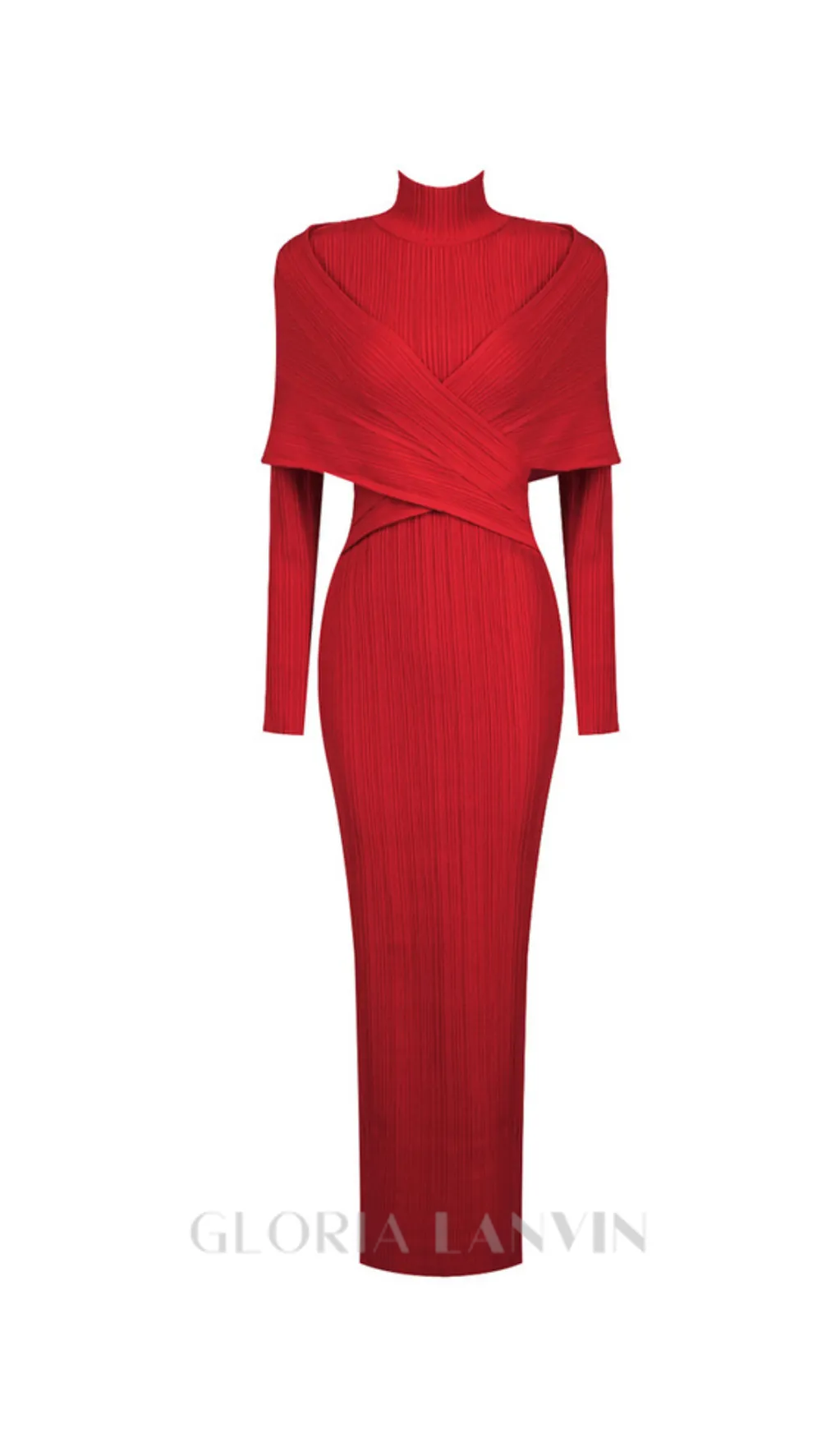 long sleeve pleated knit maxi dress in red Gloria Lanvin