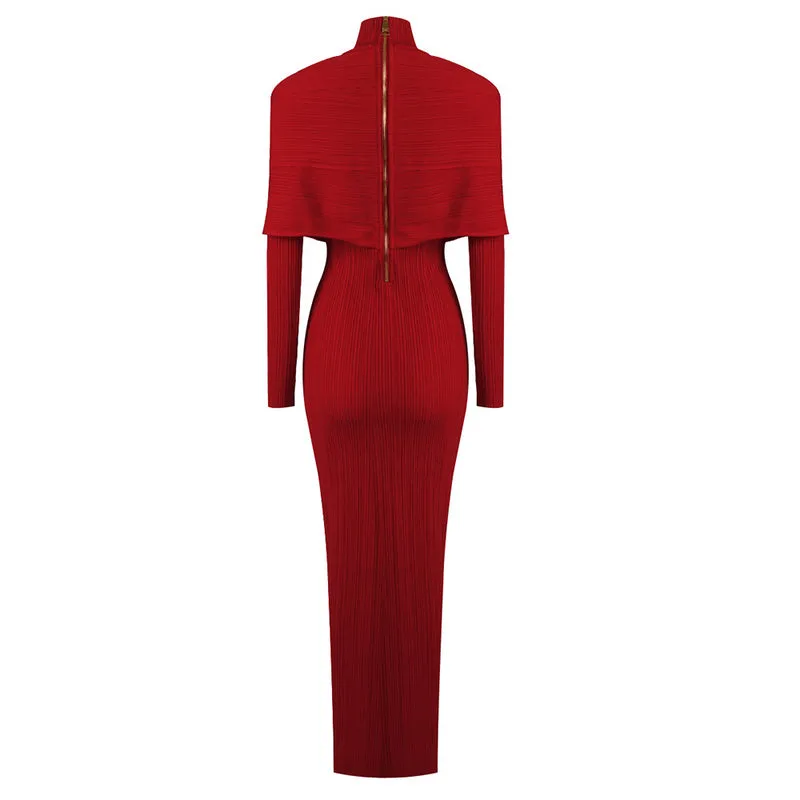 long sleeve pleated knit maxi dress in red Gloria Lanvin
