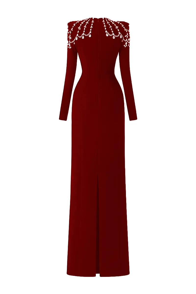 long sleeve trapezoid neckline bodycon  maxi dress in red Gloria Lanvin