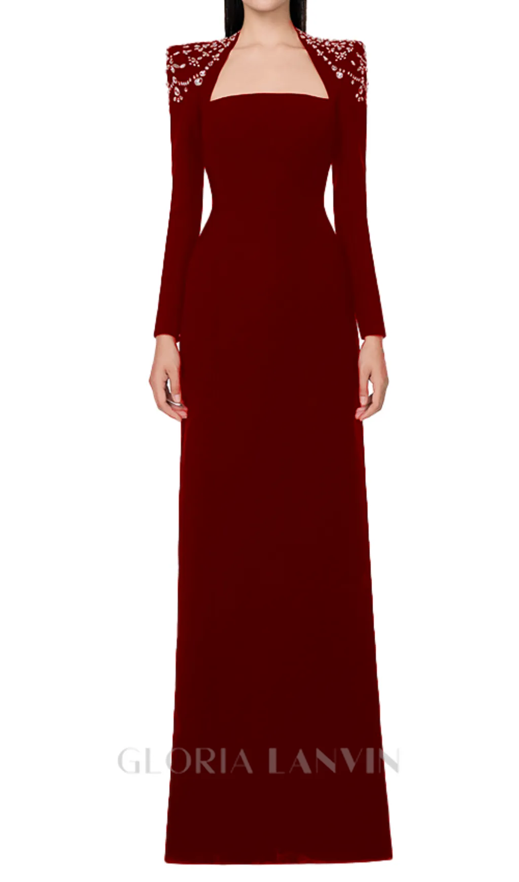 long sleeve trapezoid neckline bodycon  maxi dress in red Gloria Lanvin