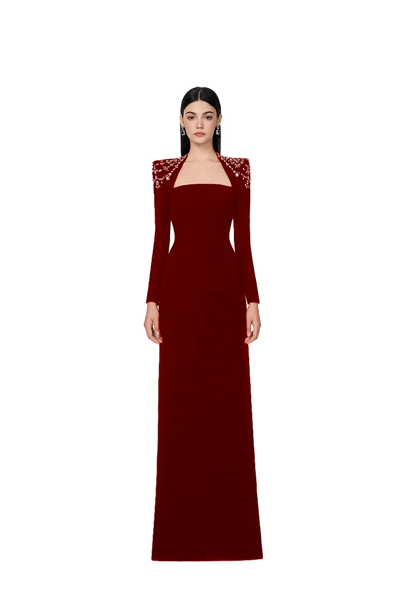 long sleeve trapezoid neckline bodycon  maxi dress in red Gloria Lanvin