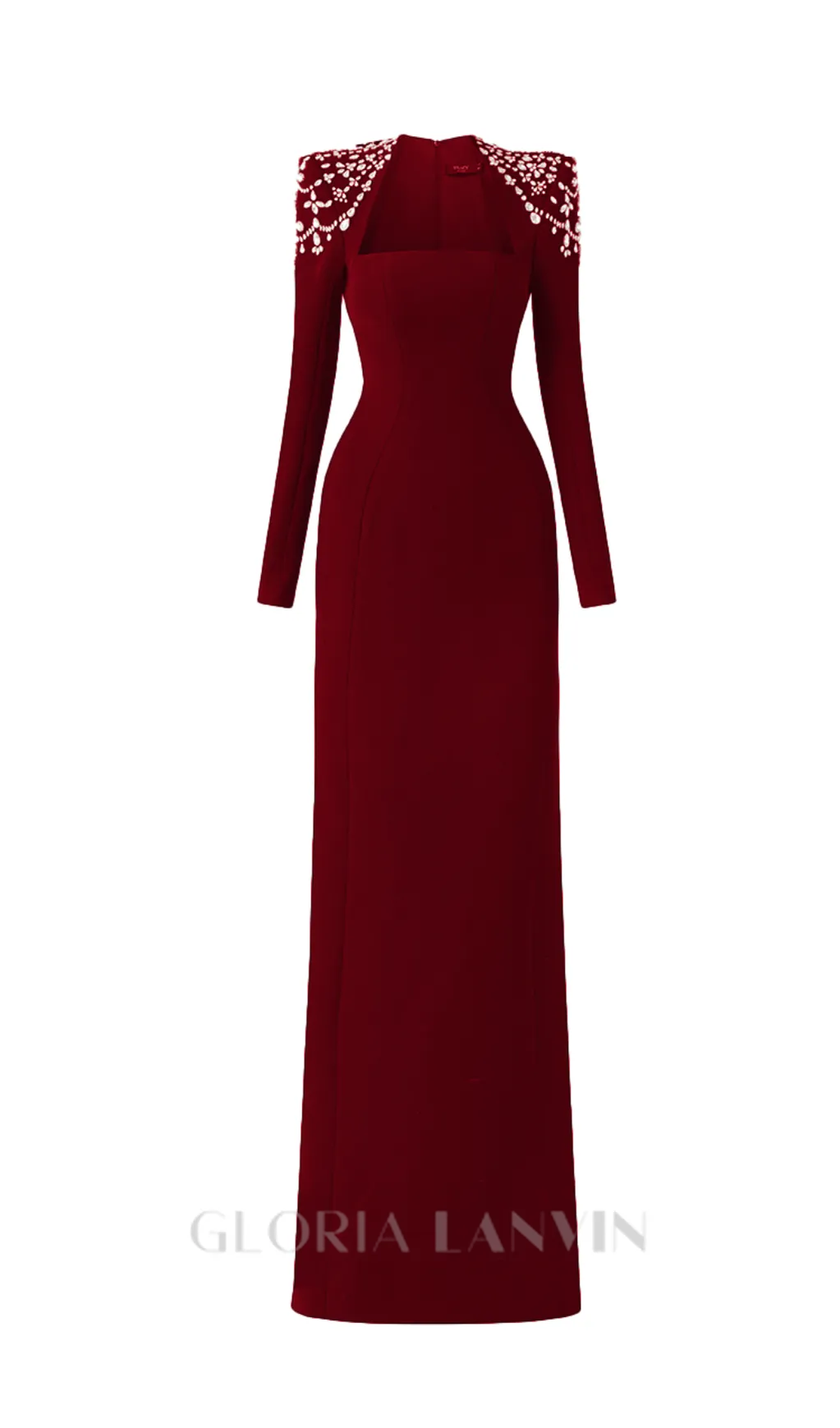 long sleeve trapezoid neckline bodycon  maxi dress in red Gloria Lanvin