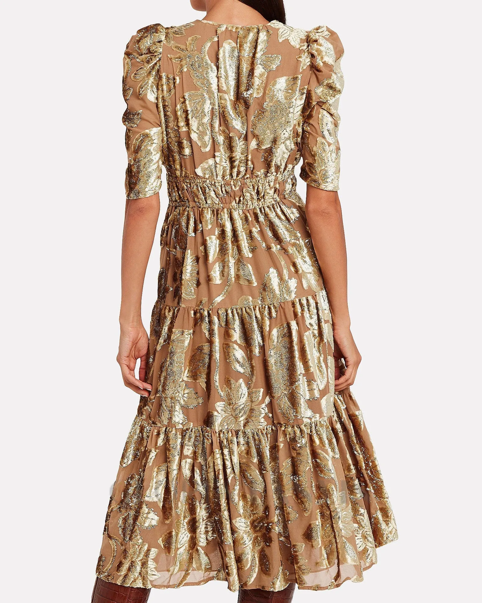 loretta metallic devor gold midi dress Gloria Lanvin