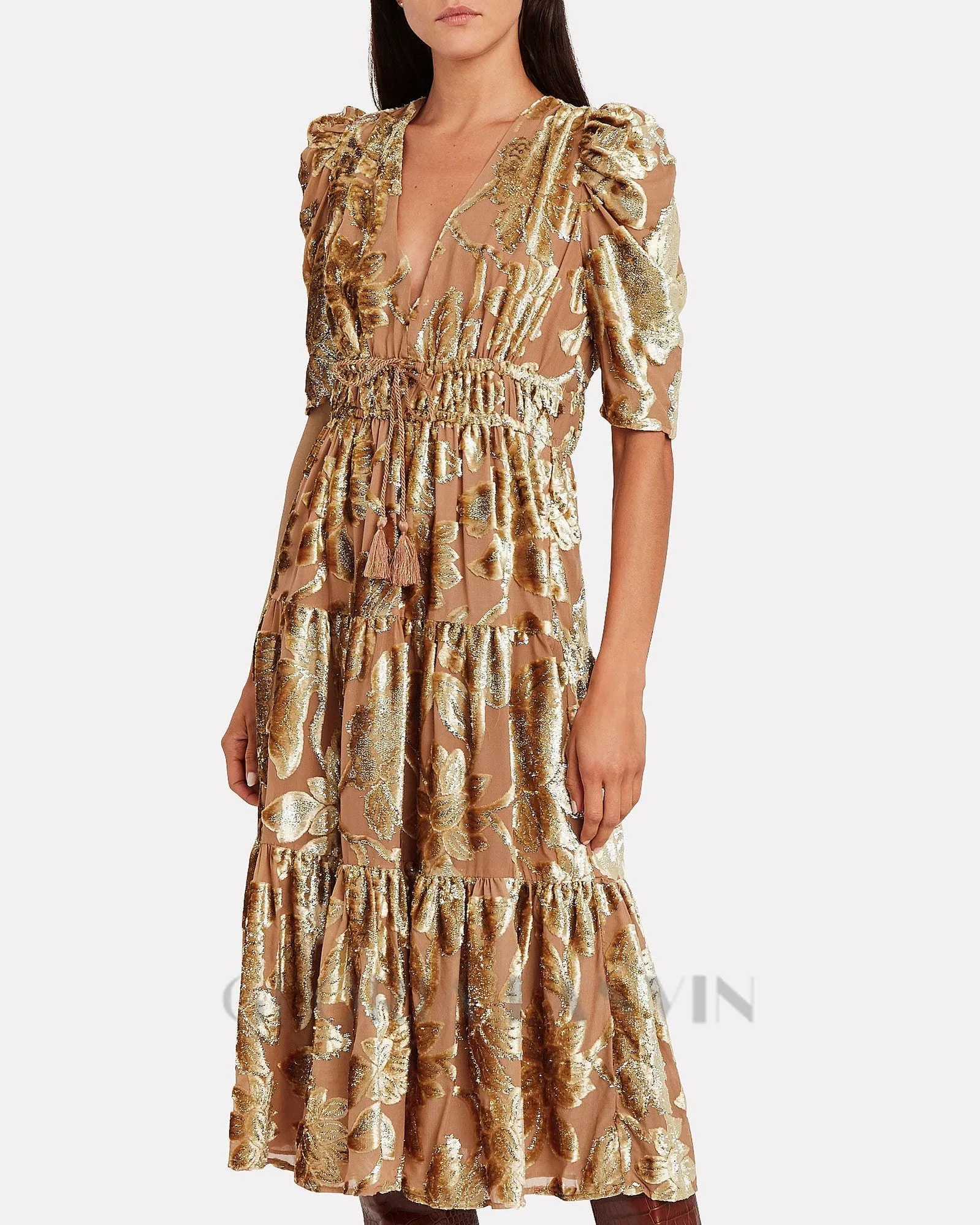 loretta metallic devor gold midi dress Gloria Lanvin