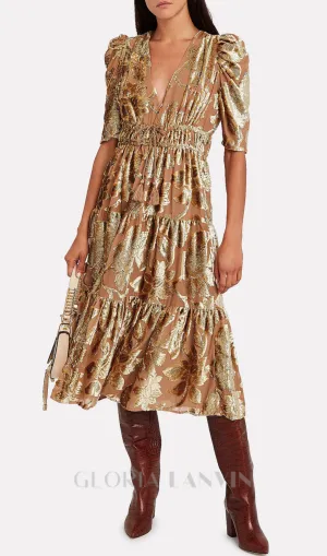 loretta metallic devor gold midi dress Gloria Lanvin